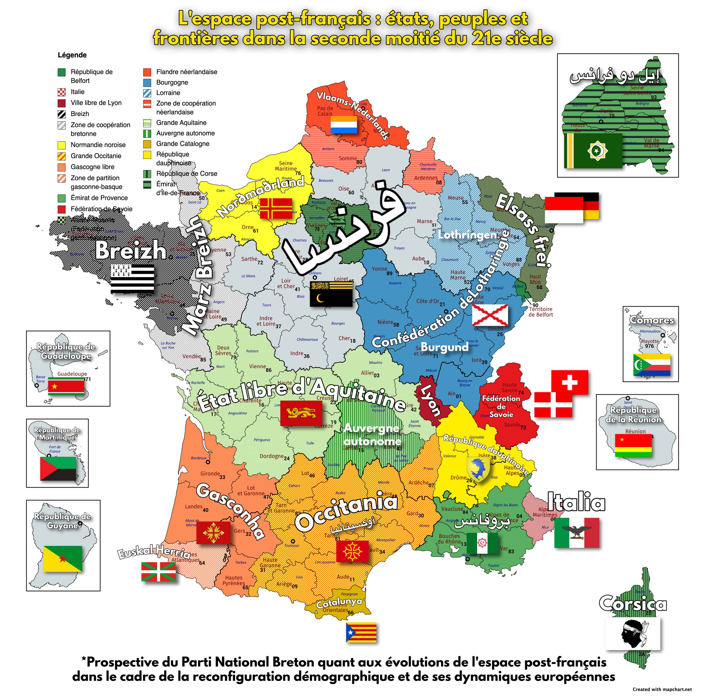 Karte der strategischen Ausrichtung der Bretonische Nationalpartei, die sich auf die Dekolonisierung des postfranzösischen Raums bezieht